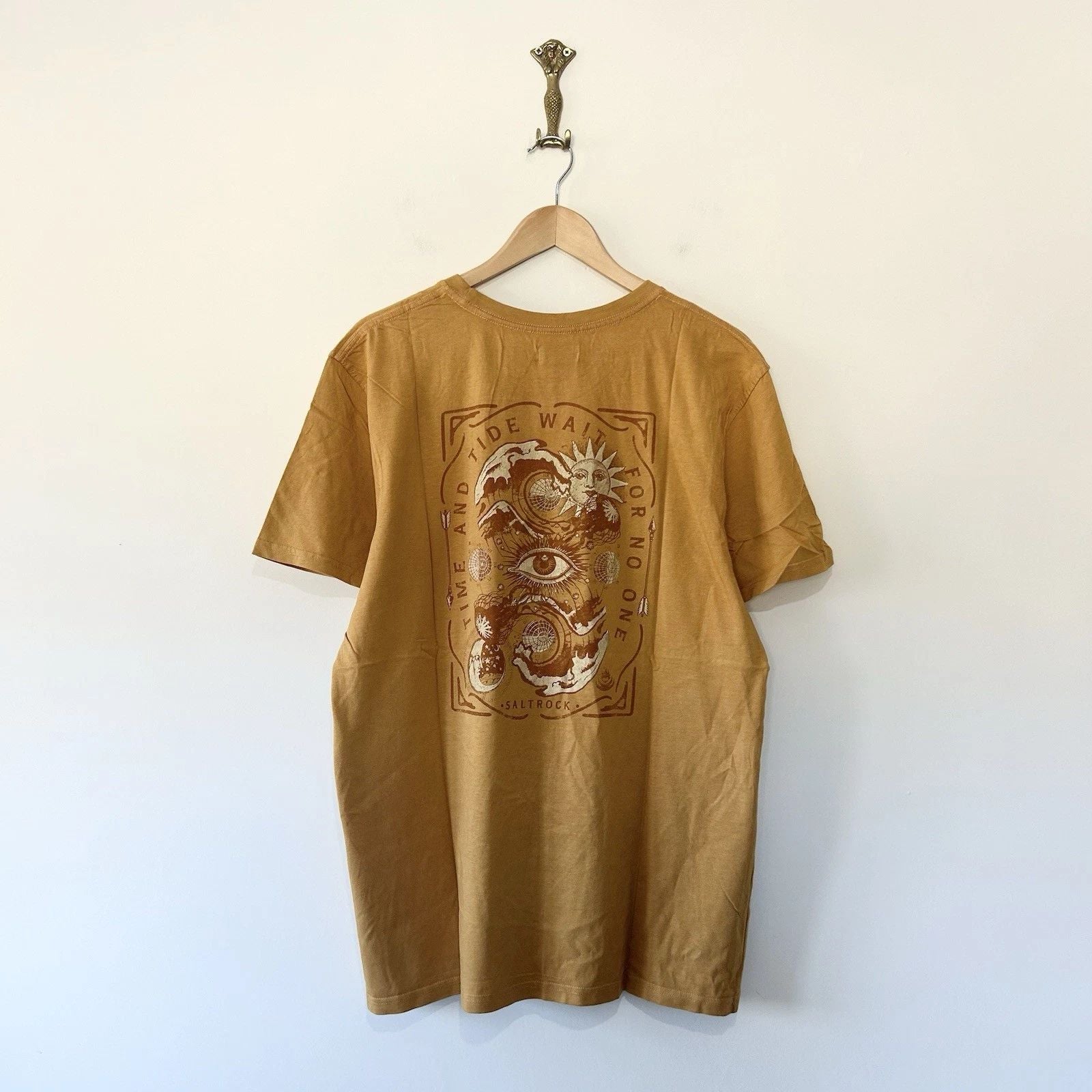 Saltrock T-Shirt Mens Mustard Back Graphic Surfing Cornwall Cotton Short Sleeve