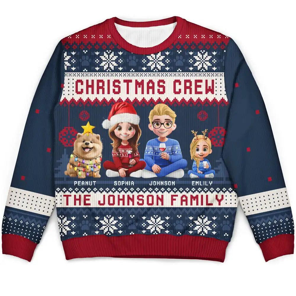 Christmas Crew 3D Family With Dog Cat - Personalized Unisex Ugly Sweater