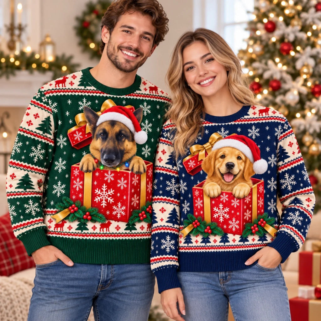 Custom Pet Photo Christmas Gift Box Gifts For Dog And Cat Lovers, Pet Lovers - Personalized Ugly Sweatshirt