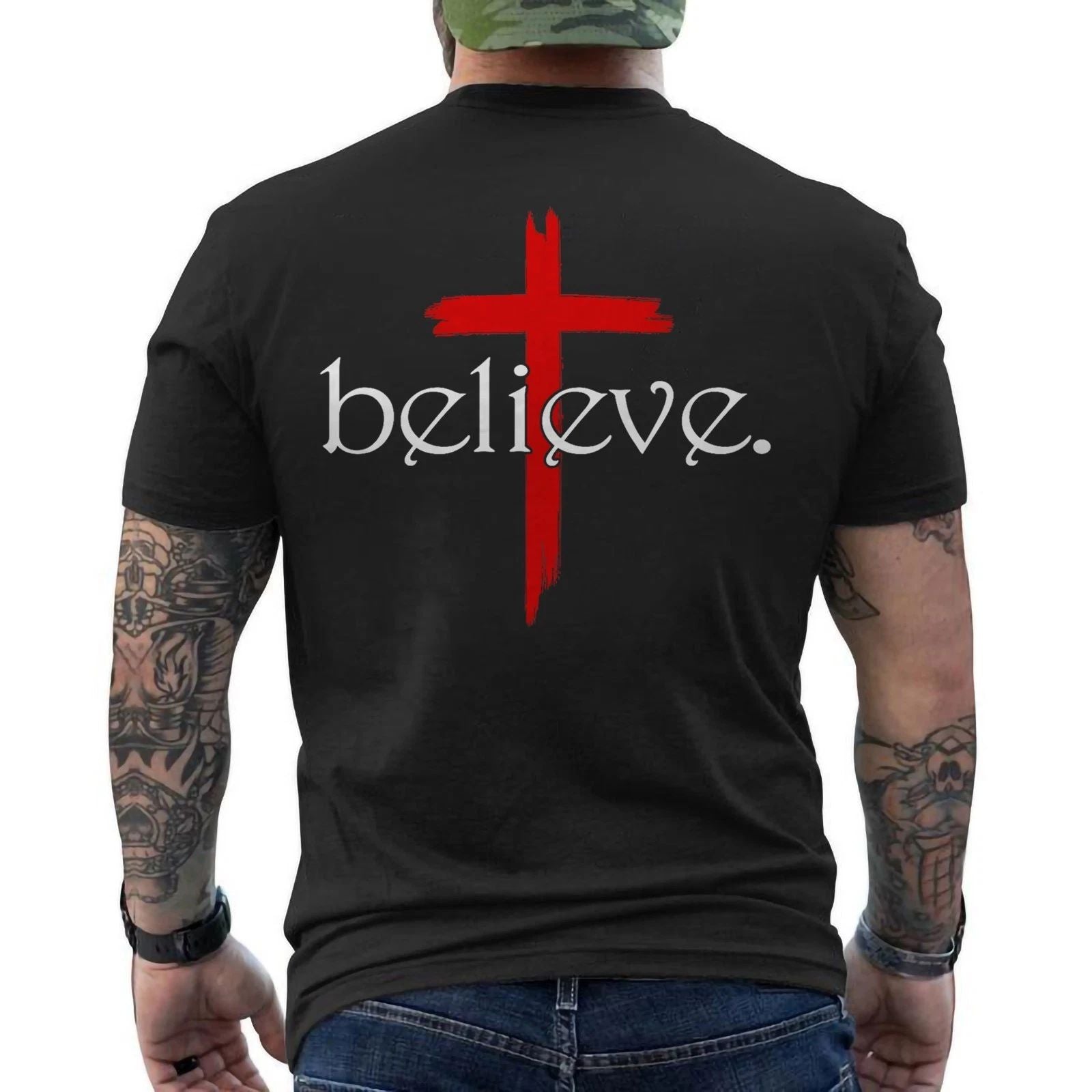 Believe In Cross Jesus Christ Christian Sayings Bible Faith God ON BACK Tee