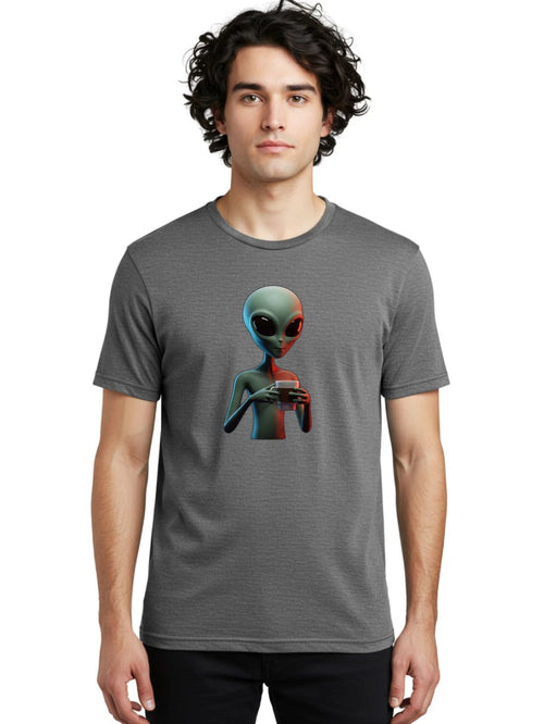 Alien-With-Coffee-Mug Mens Graphic Tee, 100% Cotton, Casual Summer Wear