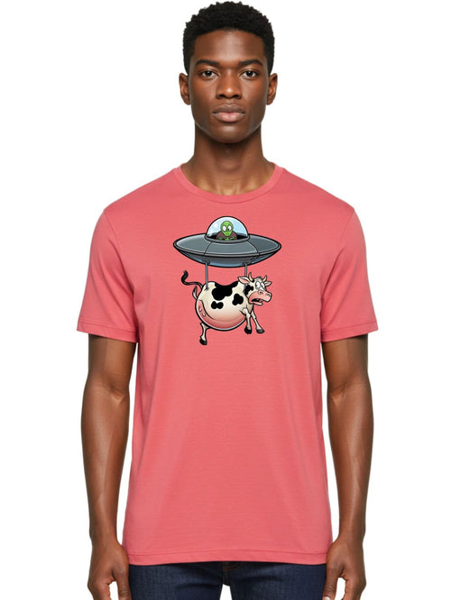 Alien-Abducting-Cow Mens Graphic Tee, 100% Cotton, Casual Summer Wear