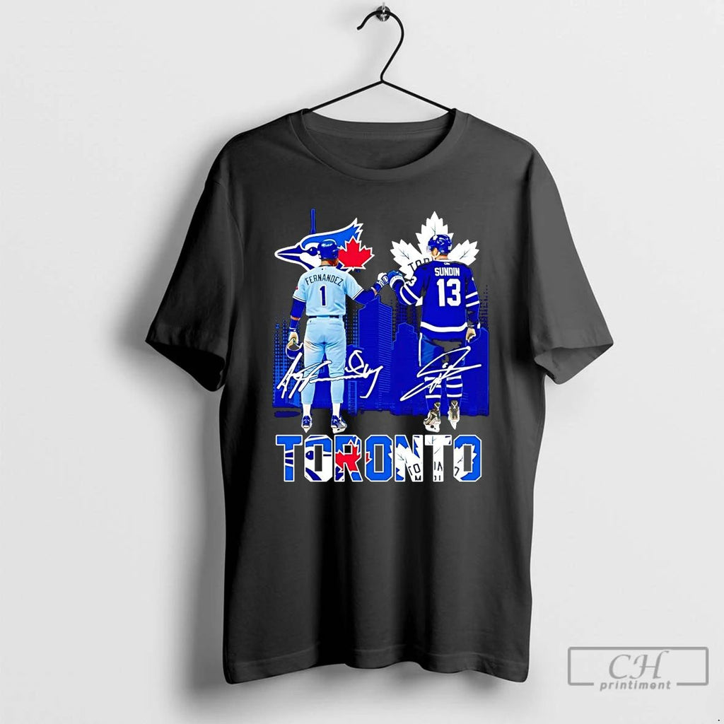 Classic Blue Jays Fernandez And Maple Leafs Sundin Fist Bump Toronto Skyline T Shirts