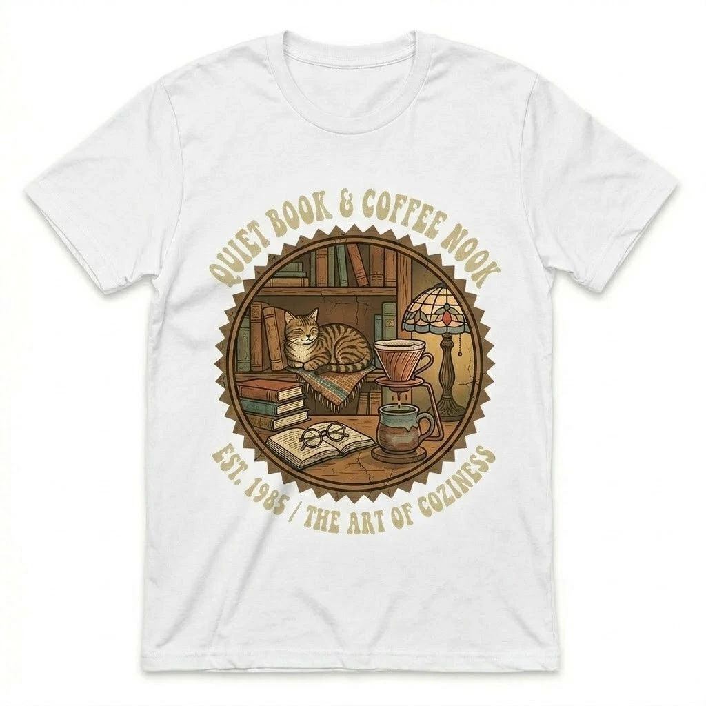 Vintage Cat Coffee Book Lover T-Shirt Retro Cozy Reading Nook Graphic Tee White