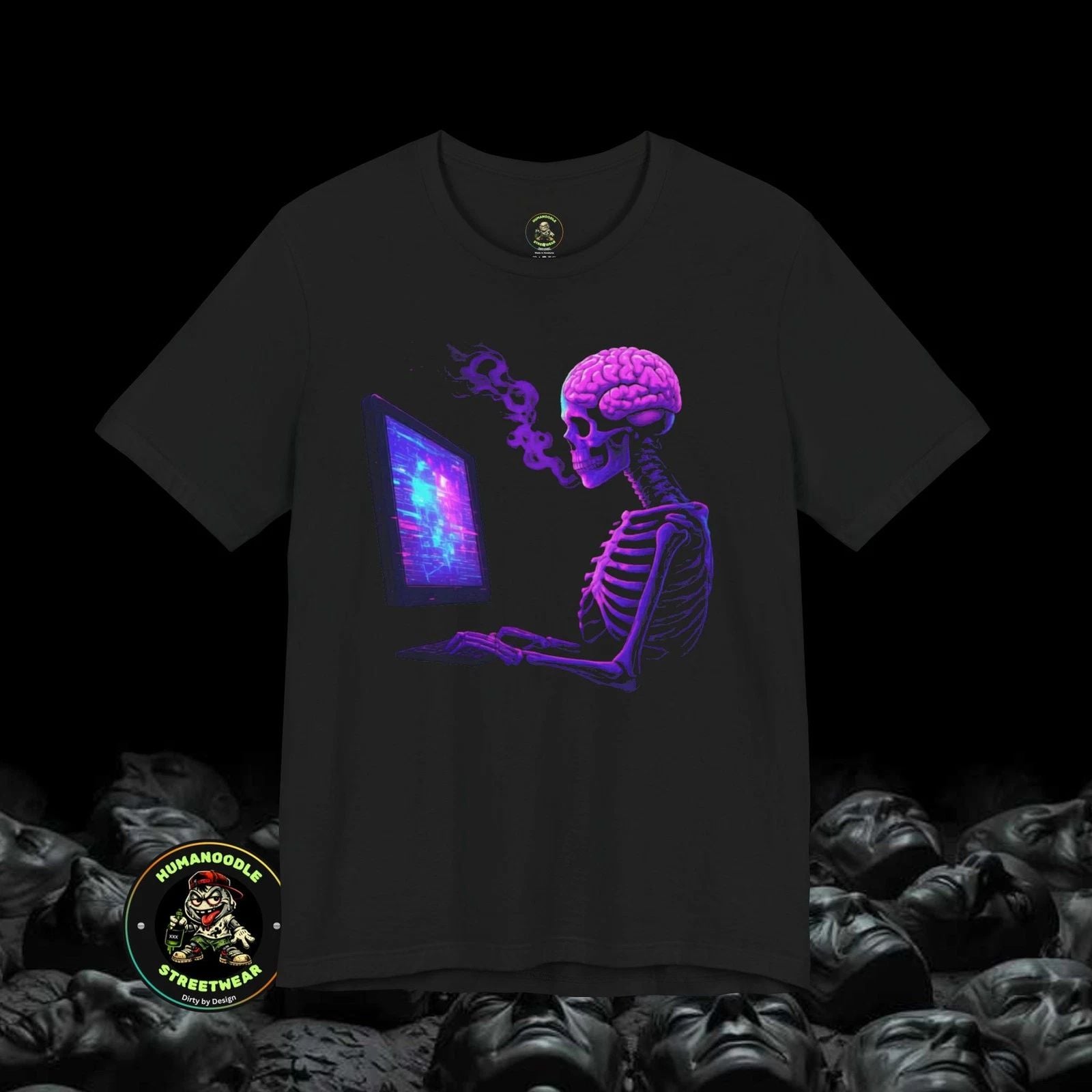 Neon Cyber Skull Skeleton at Computer Tee | Vaporwave Tech Shirt