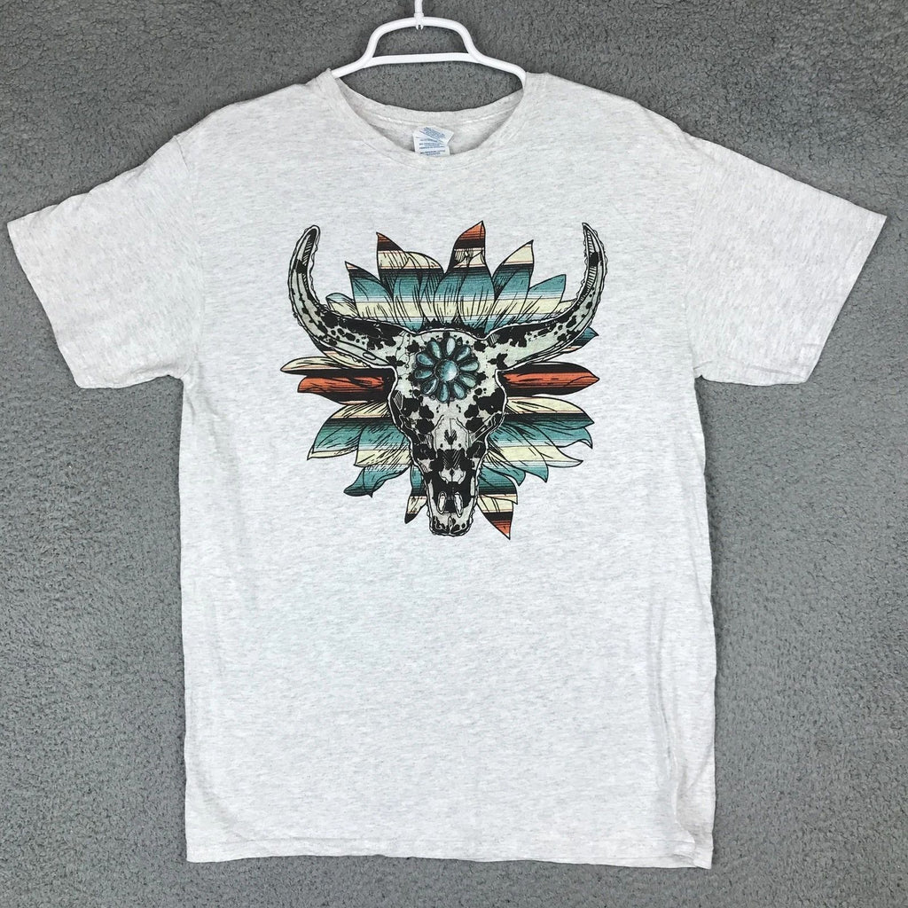 Delta Pro Weight Shirt Mens Medium Gray Bull Skull Feather Boho Western Tee