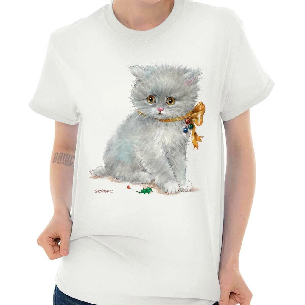 Cute Vintage Christmas Kitten Bow Bells Xmas Womens Graphic Crewneck T Shirt Tee