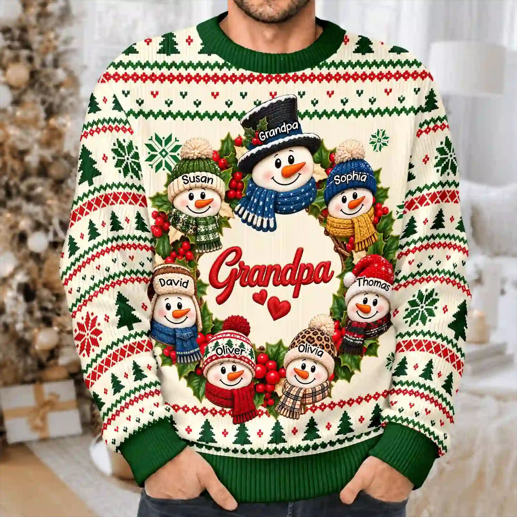Christmas Gift For Grandparents - Personalized Snowman Wreath Unisex Ugly Sweater