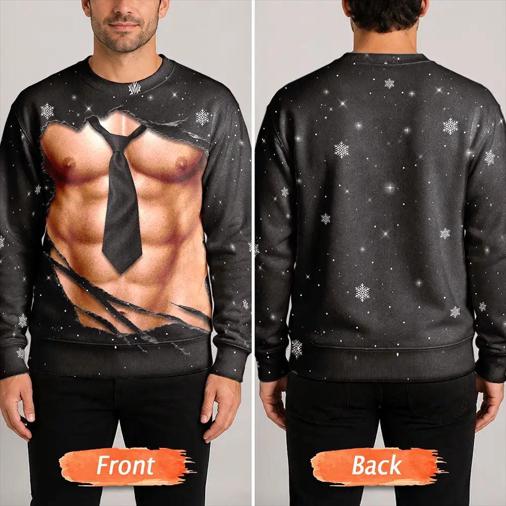 Christmas Gift For Husband Dad Grandpa - Personalized Funny Hairy Belly Abs Body Unisex Ugly Sweater