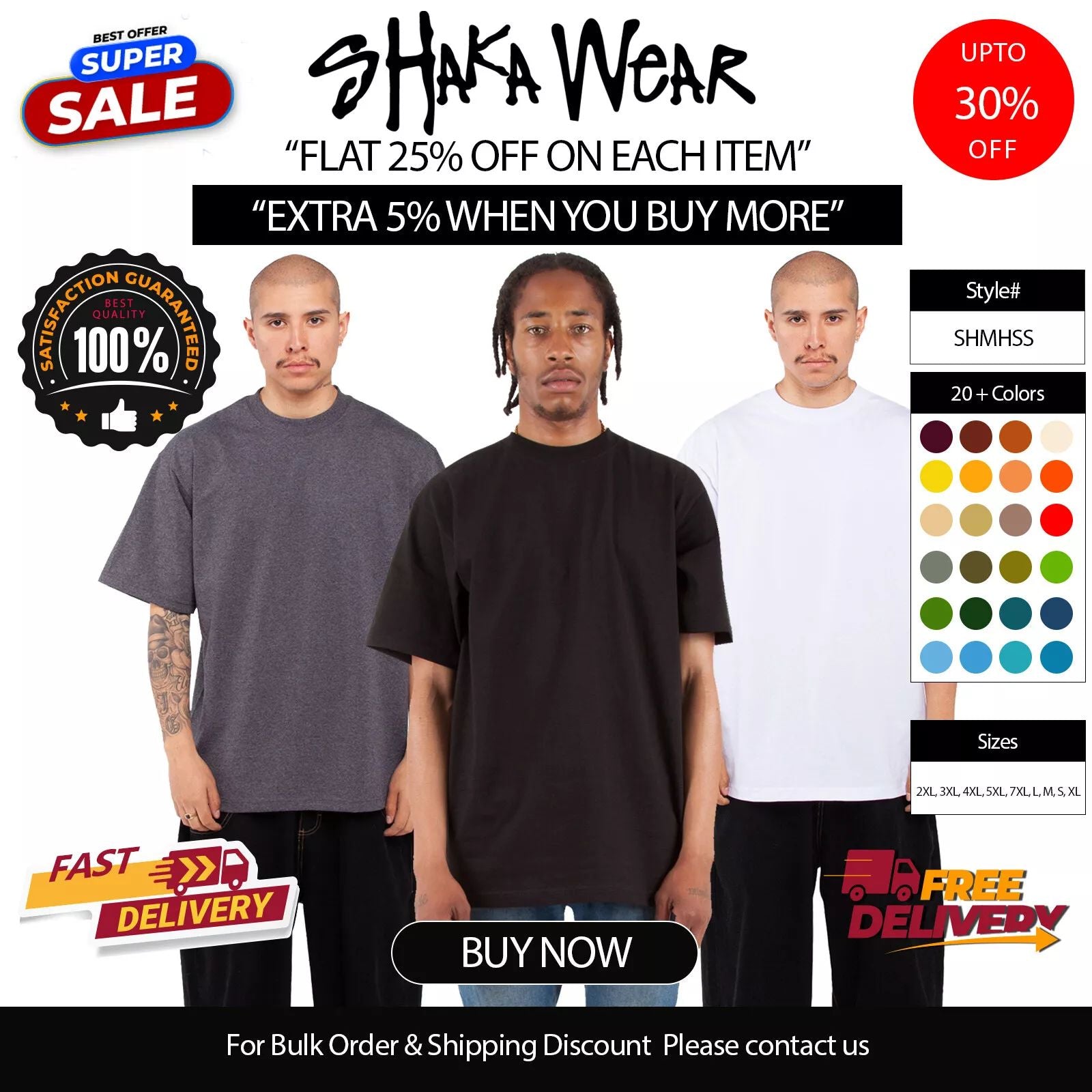 Shaka Wear Adult Max Heavyweight Stylish T Shirt Casual Plain T-Shirt - SHMHSS