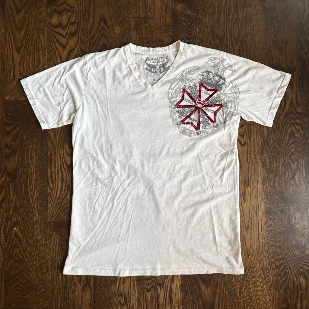 VTG Monarchy Shirt Mens XL White Red V-Neck Graphic Y2K Affliction Style Grunge