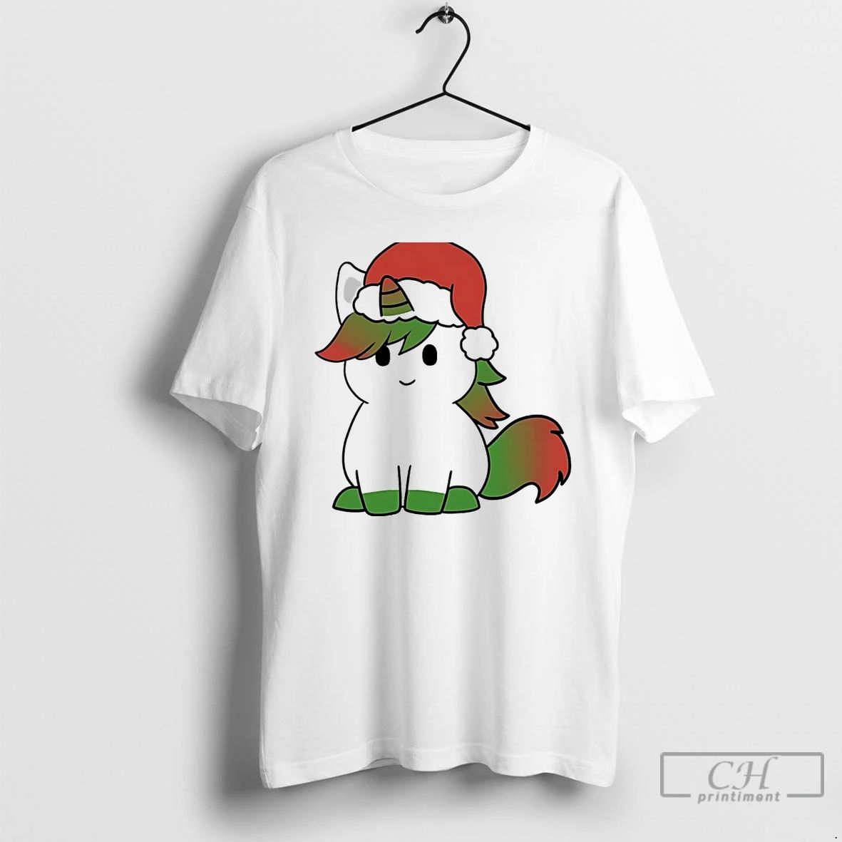 Classic Unicorn Santa Hat Green Red Christmas White T Shirts