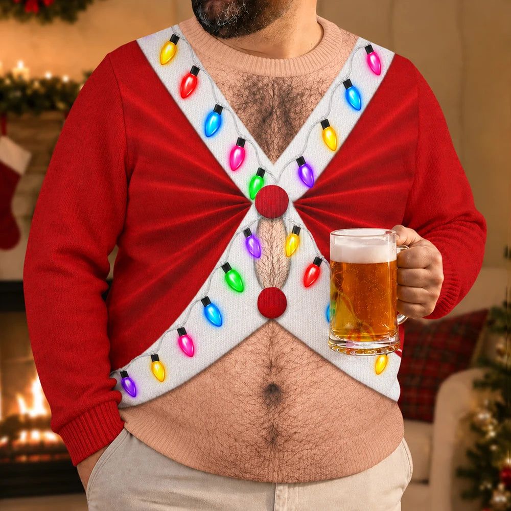 Christmas Gift For Husband Dad Grandpa - Personalized Santa Elf Hairy Belly Unisex Ugly Sweater