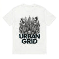 Urban Grid Cyberpunk Robot T-Shirt - Futuristic Sci-Fi City Graphic Tee for Men