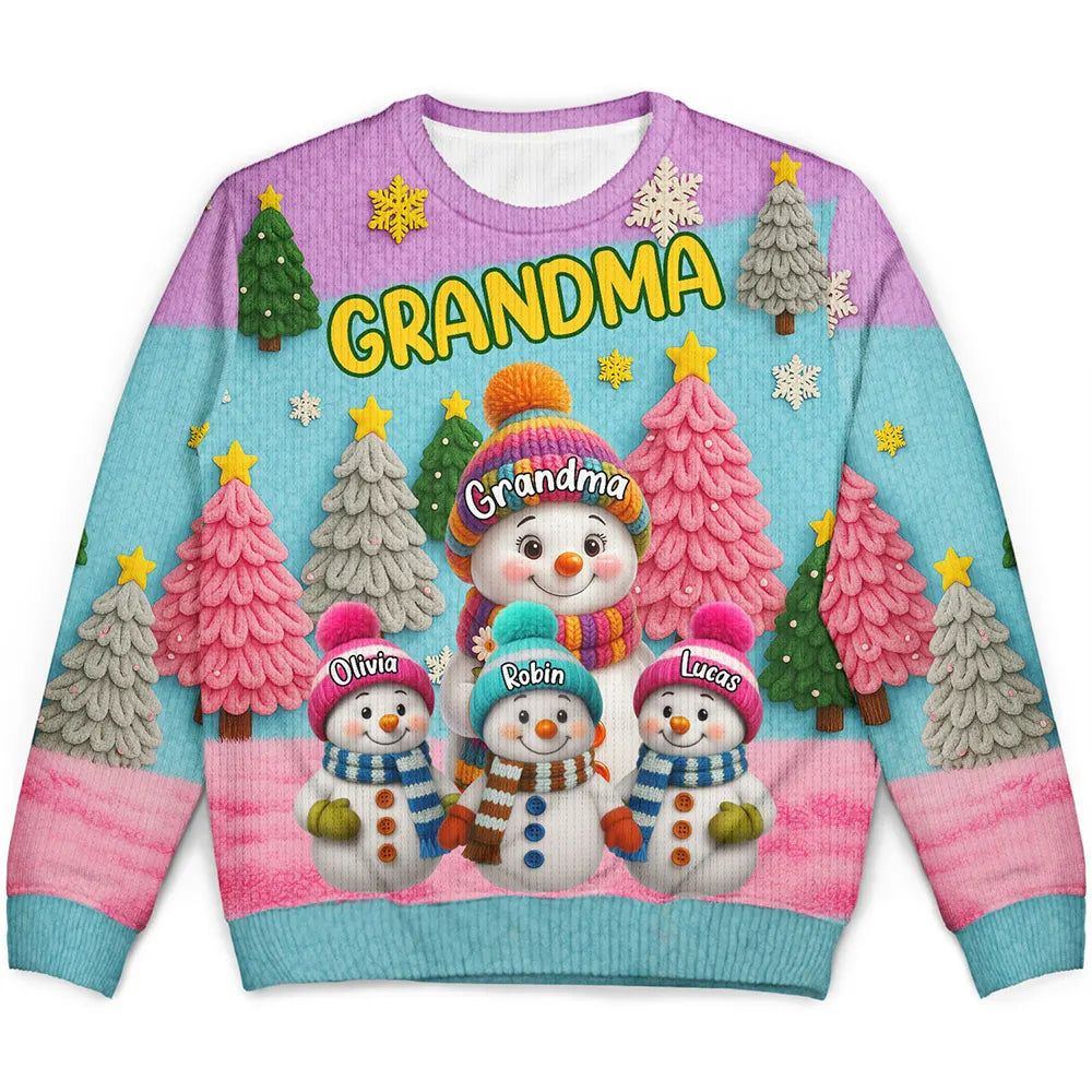 3D Effect Snowman Grandma Nana & Grandkids - Personalized Unisex Ugly Sweater