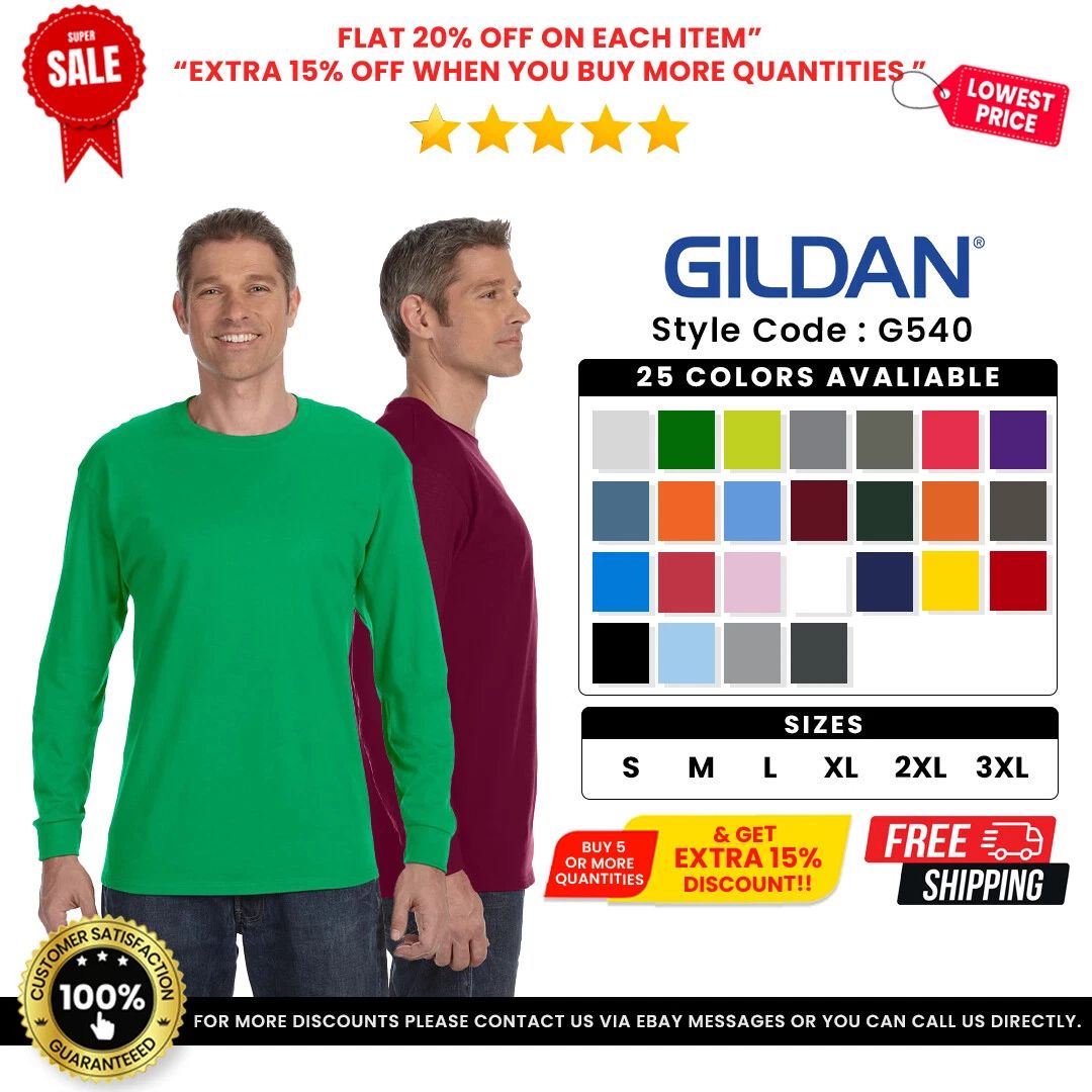 Gildan G540 Men's Heavy Cotton Preshrunk T Shirt Long Sleeve Crew Neck T-Shirt