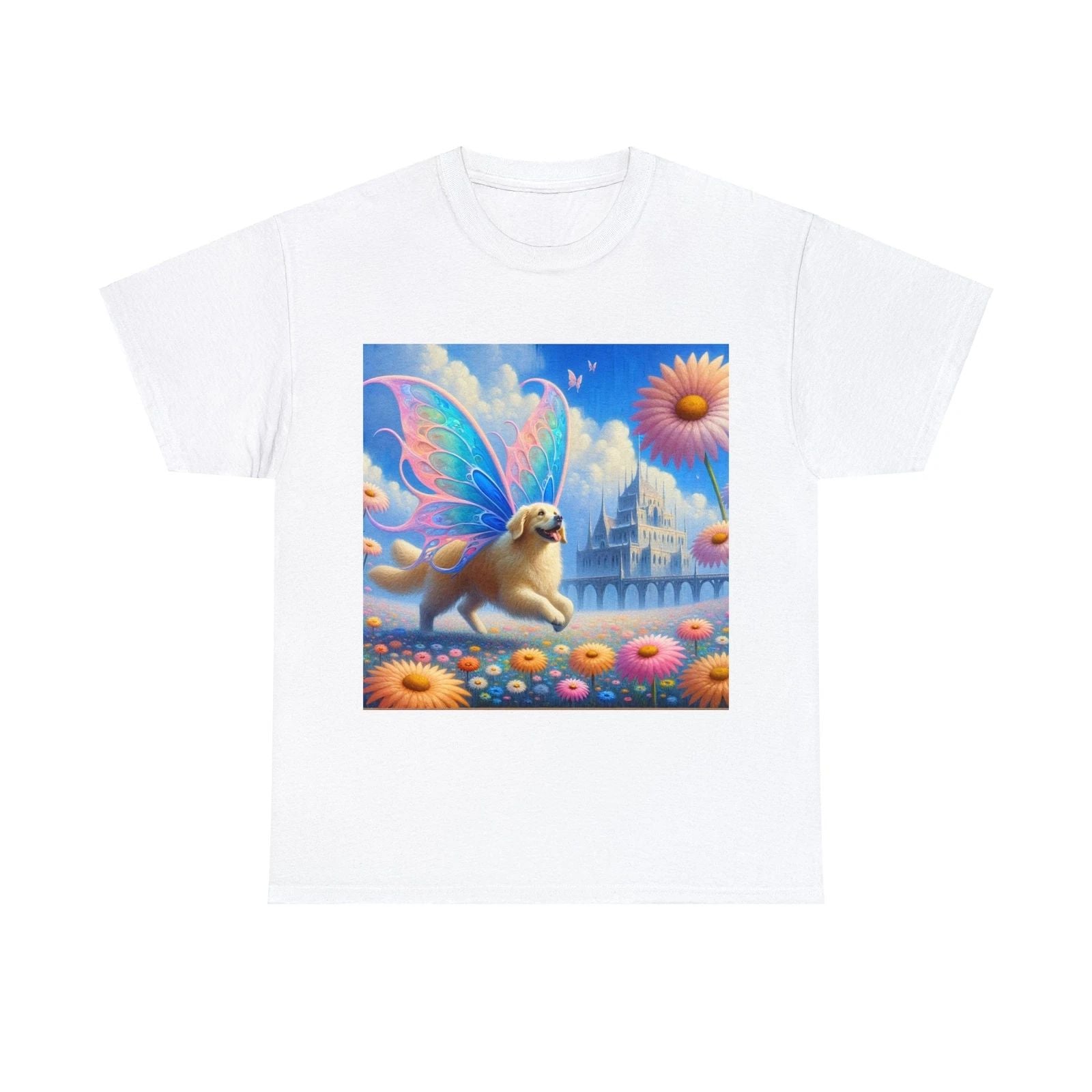 Unisex Adult T Shirt Fantasy Golden Retriever Butterfly Wings Nature Animal Tee