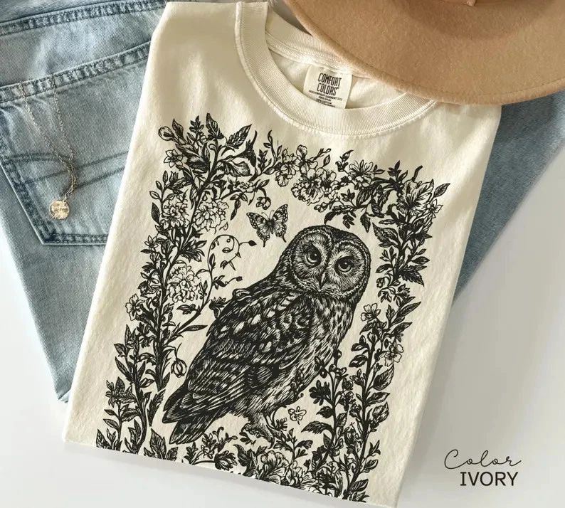 Cottagecore Owl Floral Nature Forest Woodland Comfort Tee Aesthetic Gift