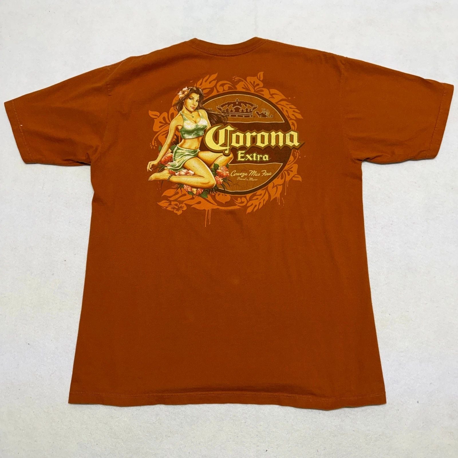 VTG Corona Extra Beer Promo T Shirt Size Large Pinup Girl Island Boho 2000s Y2K