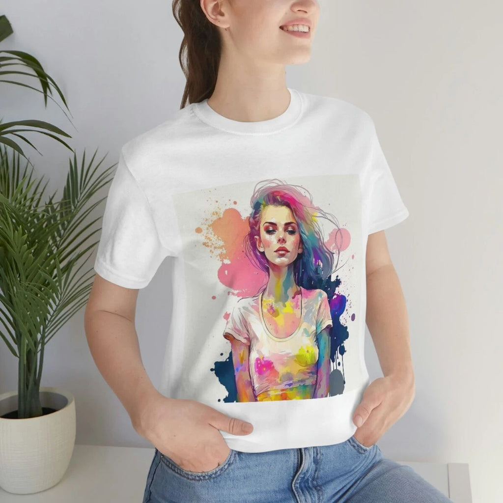 A quirky neon watercolor dream girl with cute lips wide t-shirt