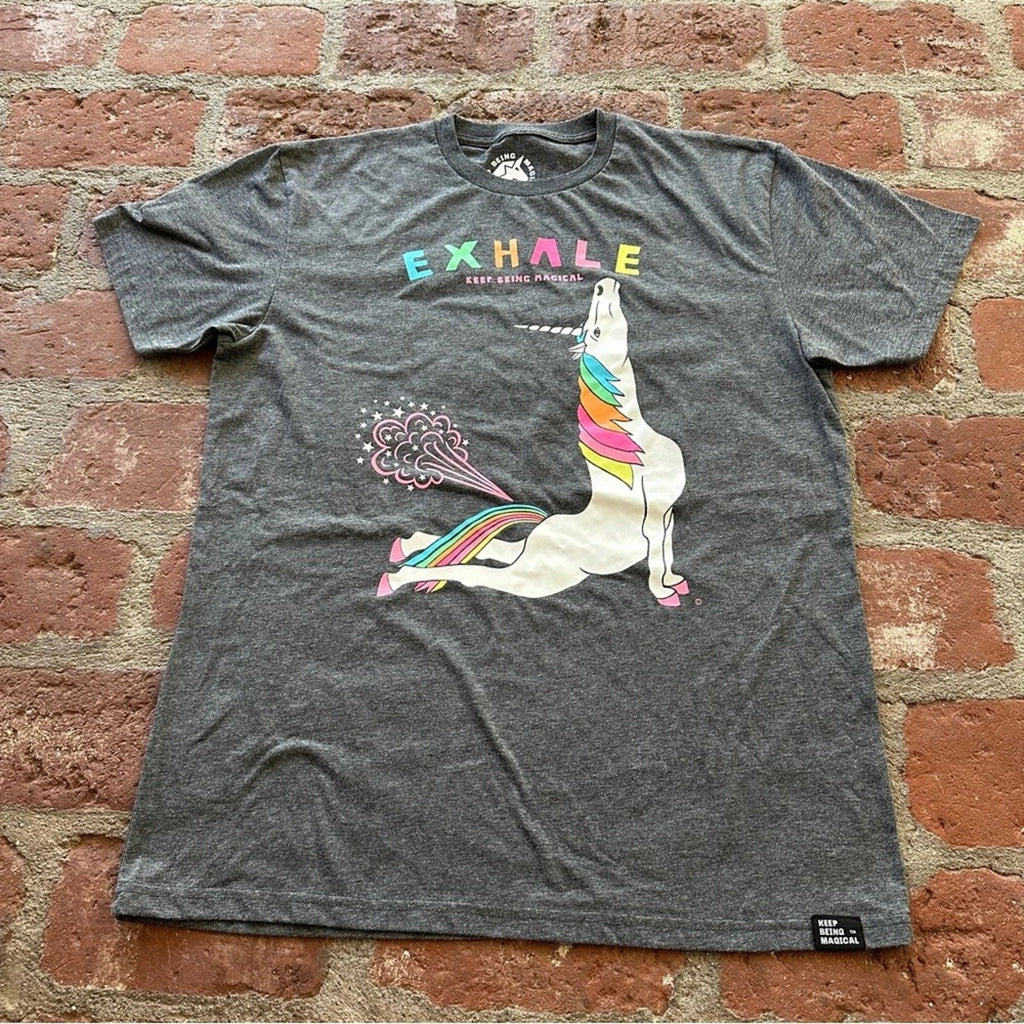 Yoga Unicorn Cobra Pose Exhale Short Sleeve Men's Large T-Shirt Heathered Grey