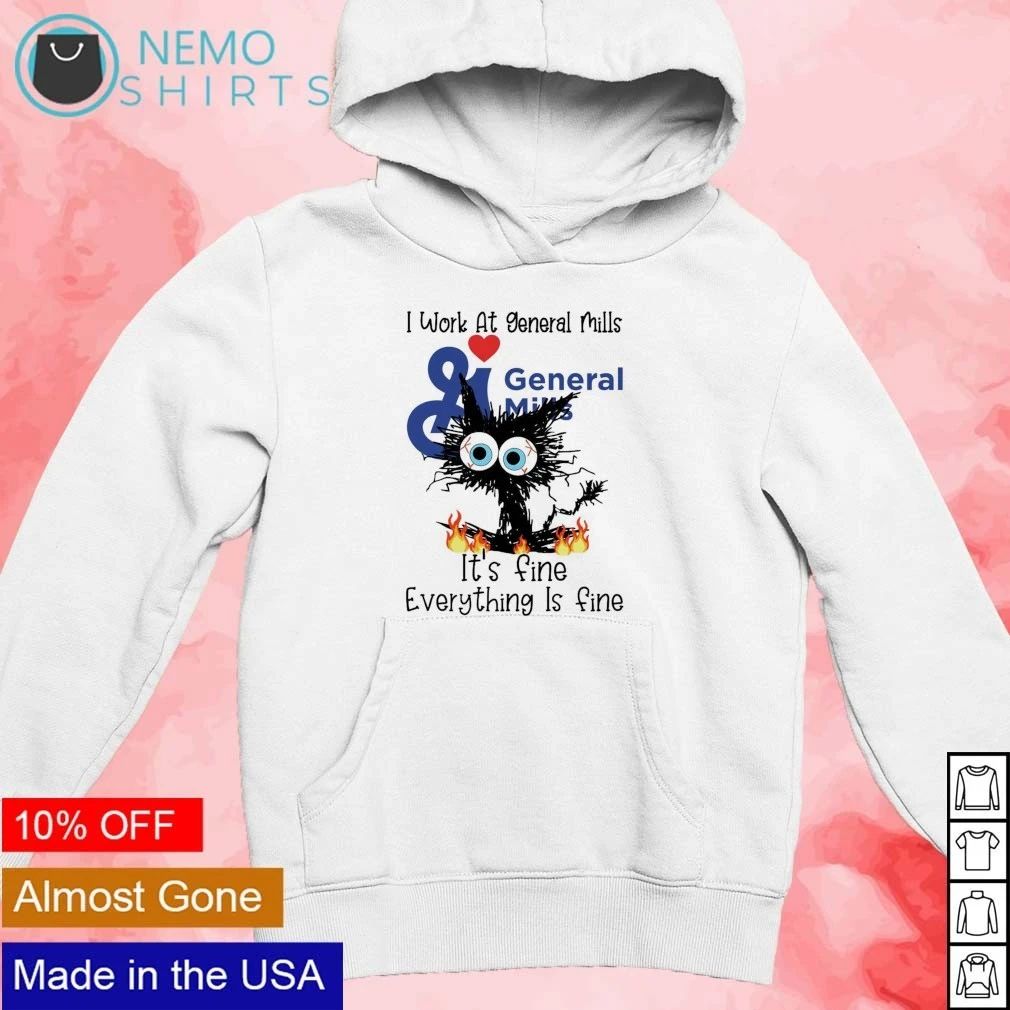 Black cat I work at General Mills it’s fine everything is fine shirt