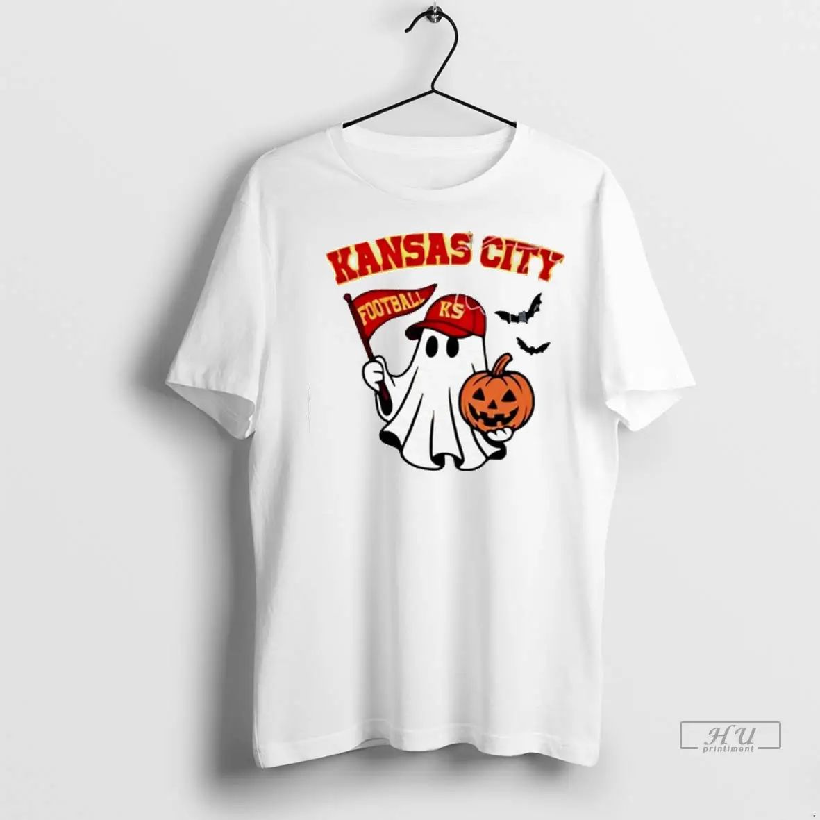 Officials Halloween Ghost Kansas City Chiefs Football Flag Pumpkin Ladies T Shirts