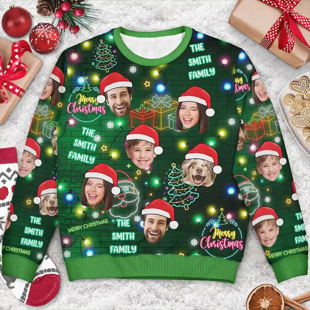 Custom Photo Funny Family Pet Face Neon Light Style - Personalized Unisex Ugly Sweater