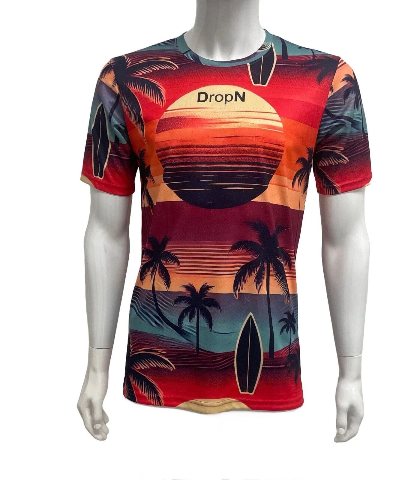 DropN Designer Skater Surf Tshirt Sunsets Palm Trees Surfboard Sky size Medium