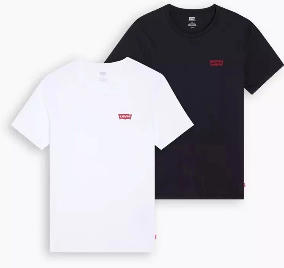 Levi's Crew Neck T-Shirt 2 Pack Men Black White Size Small Slim Fit Chest Logo