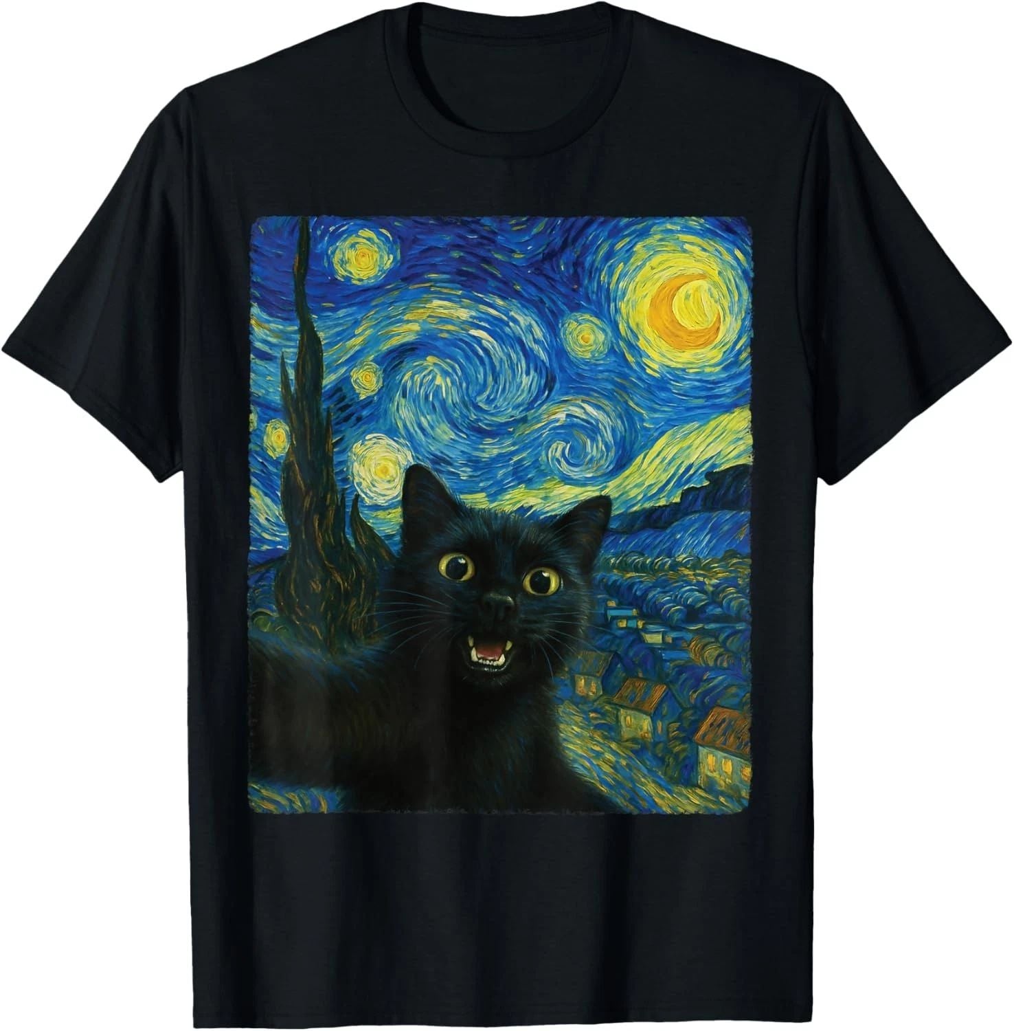 Black Cat Starry Night Van Gogh Cat Selfie Cat Mom Cat Lover  unisex T-Shirt