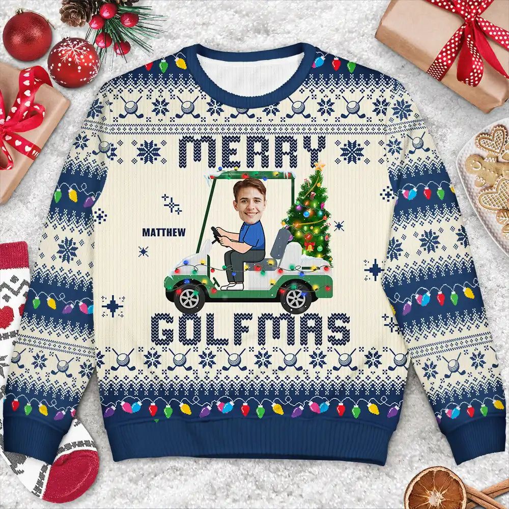 Custom Photo Funny Golf Lover Merry Golfmas - Personalized Unisex Ugly Sweater