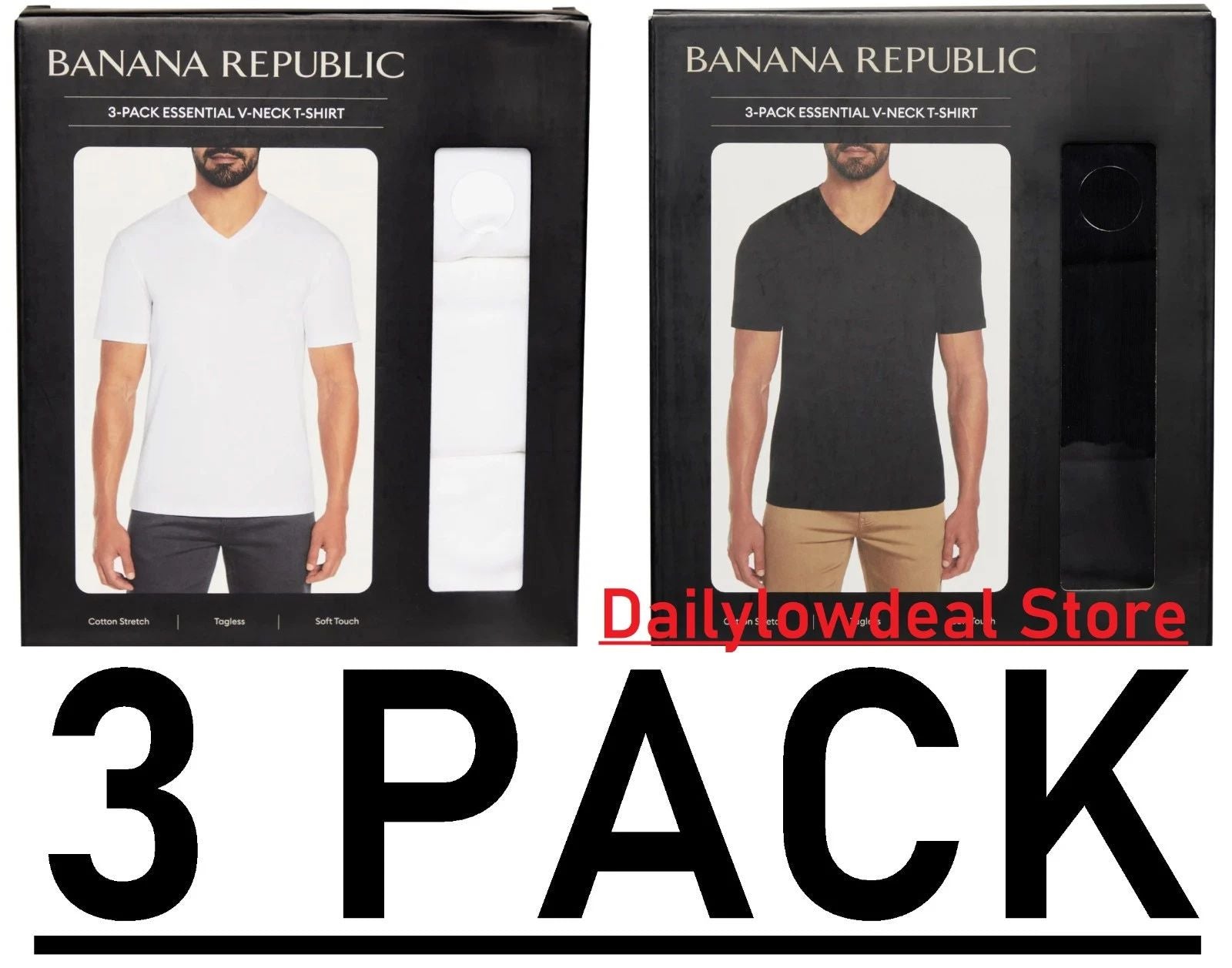 3-Pack Banana Republic Men's V-Neck Tee, Cotton Stretch Tagless BLACK OR WHITE