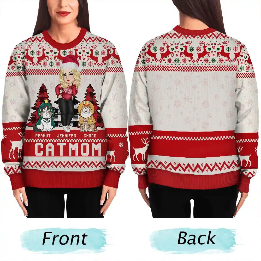 Christmas Cat Mom Funny Cartoon Cats - Personalized Unisex Ugly Sweater