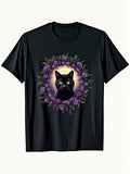 s & s Black Cat & Purple Lilac Moonlit Gothic Boho T-Shirt - 100% Unisex Casua