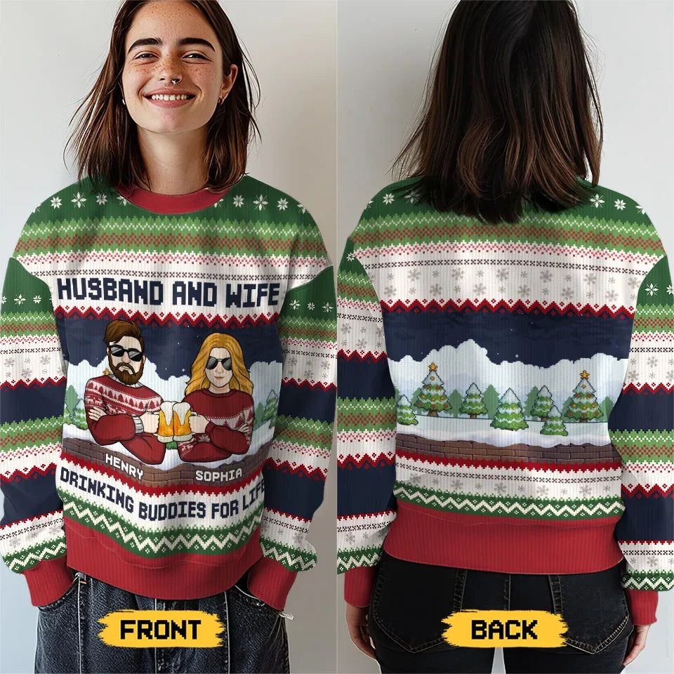Cheers To Us And A Season Full Of Happiness - Couple Personalized Custom Ugly Sweatshirt - Unisex Wool Jumper - Christmas Gift For Husband, Wife, Couple