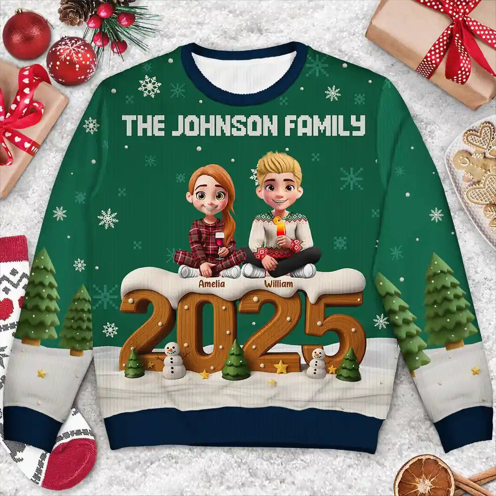 3D Effect Christmas Sitting Family - Personalized Unisex Ugly Sweater