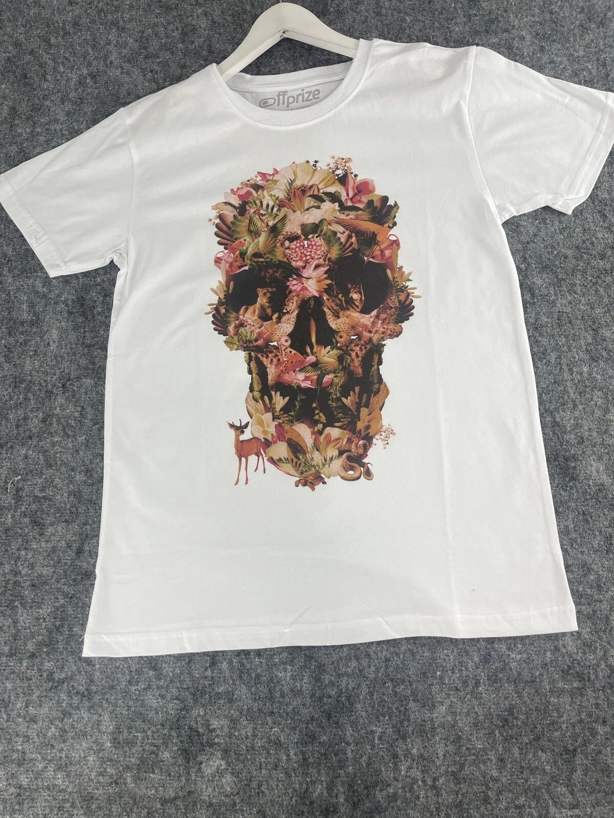 Off Prize Shirt Mens Medium Skull Print Floral Tee White Slim Fit Deer N109