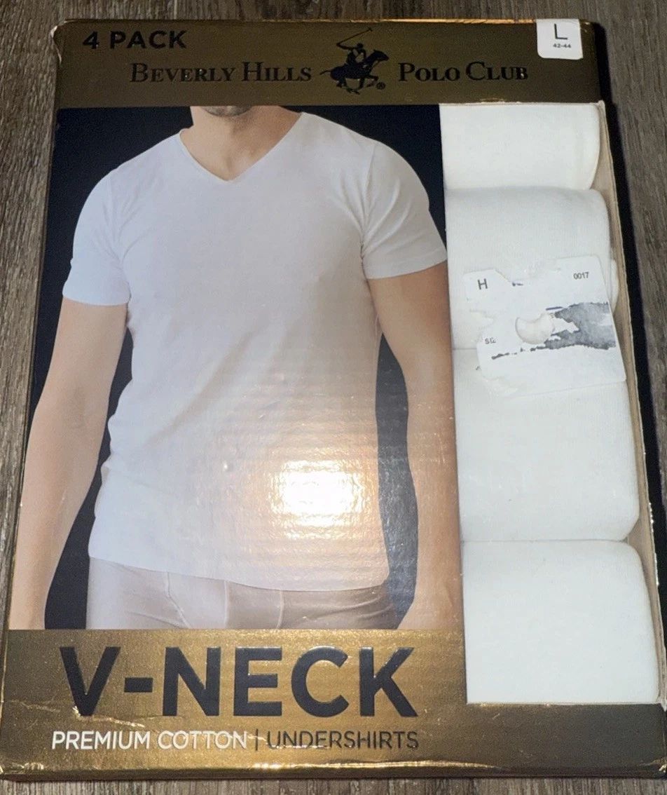 Beverly Hills Polo Club ~ Mens 4-Pack T-Shirts V-Neck Undershirts Cotton ~ L