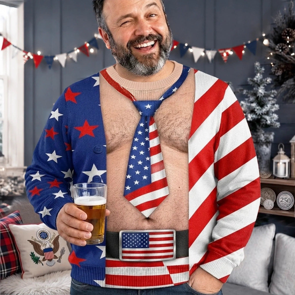 Custom Funny Ugly Sweatshirt - Personalized America 250th Anniversary Christmas Gifts For Men - A Christmas Full Of Freedom