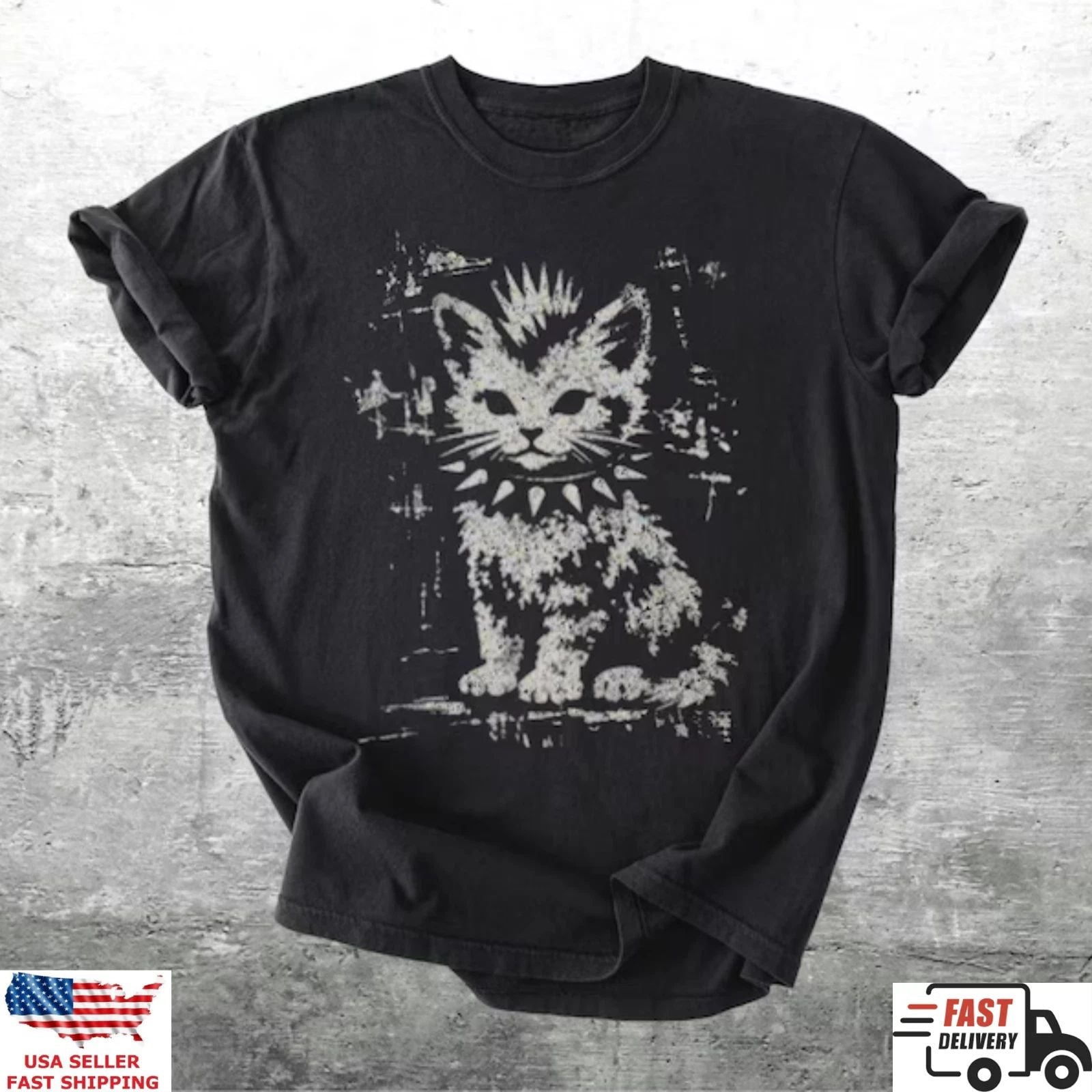 Punk Cat T Shirt Grunge Vintage Aesthetic Graphic Tee Cool Streetwear Gift