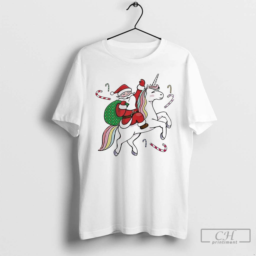 Classic Santa Riding Unicorn Candy Joy Christmas White T Shirts