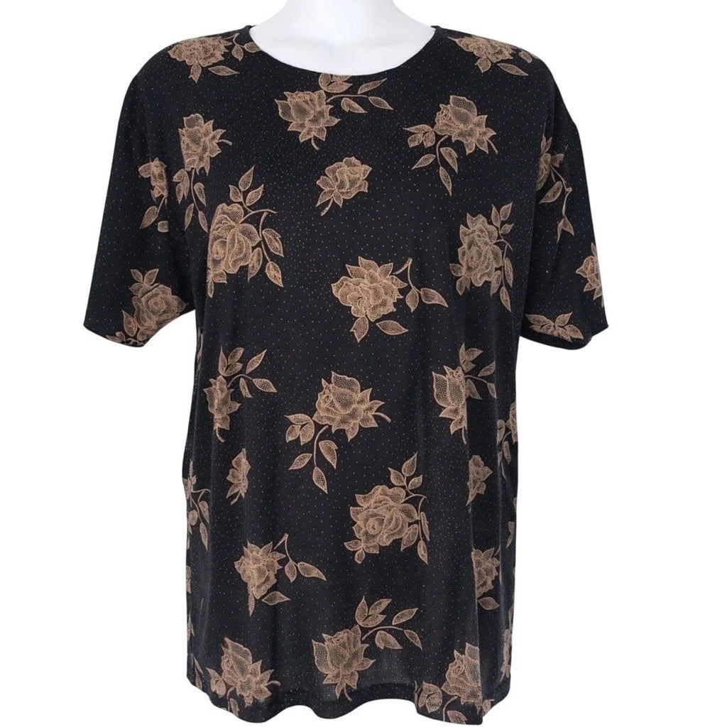 Black Short-Sleeve Floral Tee with Tan Rose Print Artsy Boho Casual Work Travel