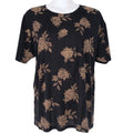 Black Short-Sleeve Floral Tee with Tan Rose Print Artsy Boho Casual Work Travel