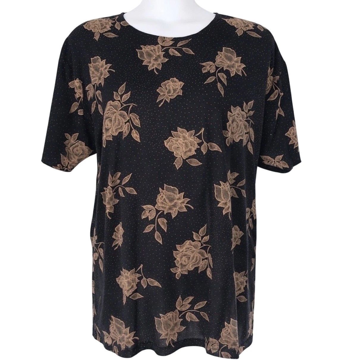 Black Short-Sleeve Floral Tee with Tan Rose Print Artsy Boho Casual Work Travel