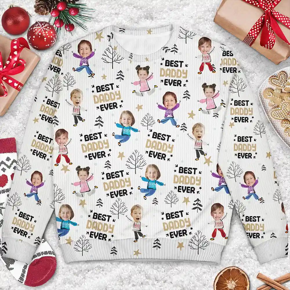 Custom Photo Best Dad Ever Funny Kids Christmas Tree - Personalized Unisex Ugly Sweater