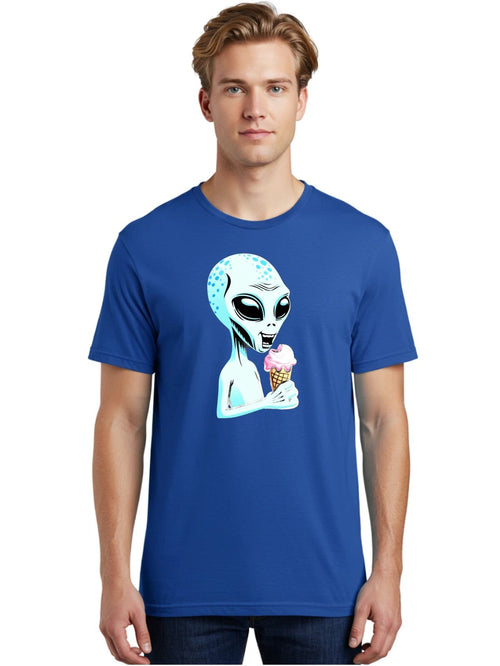 Alien-Eating-Ice-Cream-1 Mens Graphic Tee, 100% Cotton, Casual Summer Wear