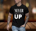 Men’s Black “NEVER GIVE UP” T-Shirt Size L Cotton Crew Neck Trendy Letter Print