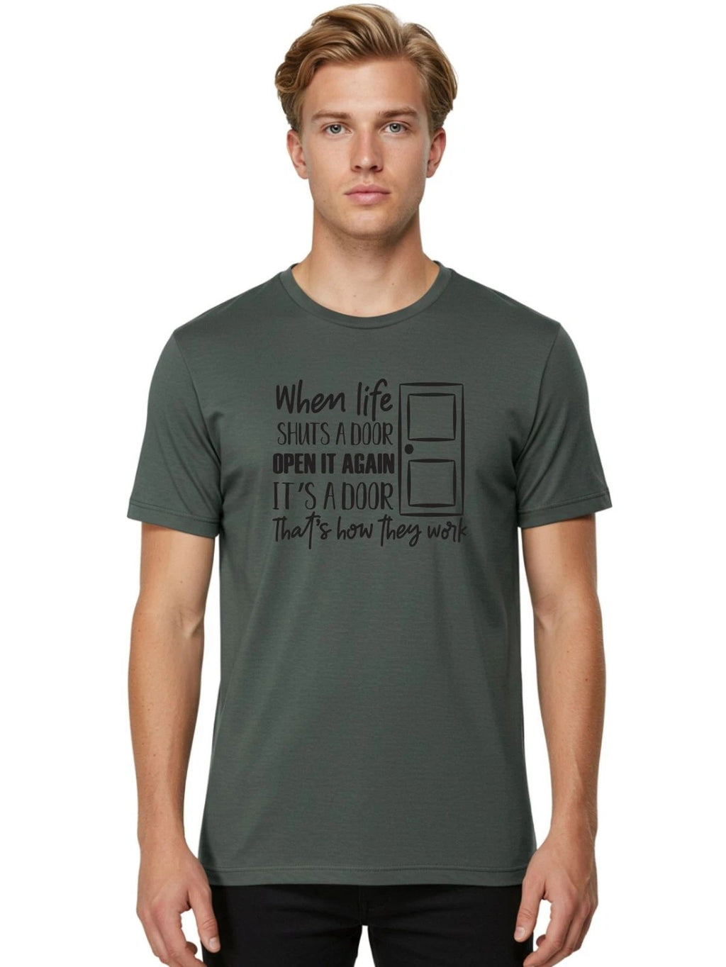 When-Life-Shuts-Door Mens Graphic Tee, 100% Cotton, Casual Summer Wear