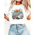 Women s Vintage Hippie Van T-Shirt Floral Boho Retro Bus White Black Casual Top